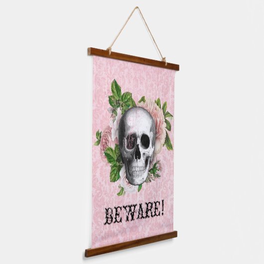 ピンクビクトリアンゴシックスカルハロウィーン警戒サイン 吊り下げ型タペストリー (傾斜あり)