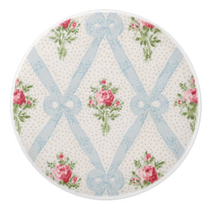 ピンクビクトリアンバラとブルーリボンラティス セラミックノブ