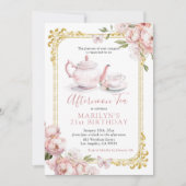 ピンクビクトリアンピーオンバタフライ誕生日ティーパーティー 招待状 (正面)