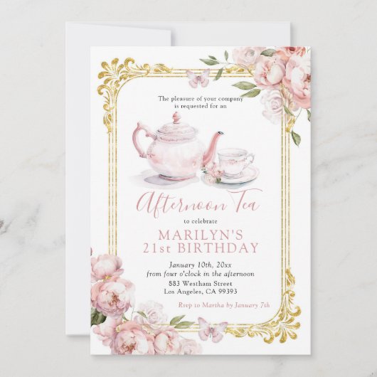 ピンクビクトリアンピーオンバタフライ誕生日ティーパーティー 招待状 (正面)