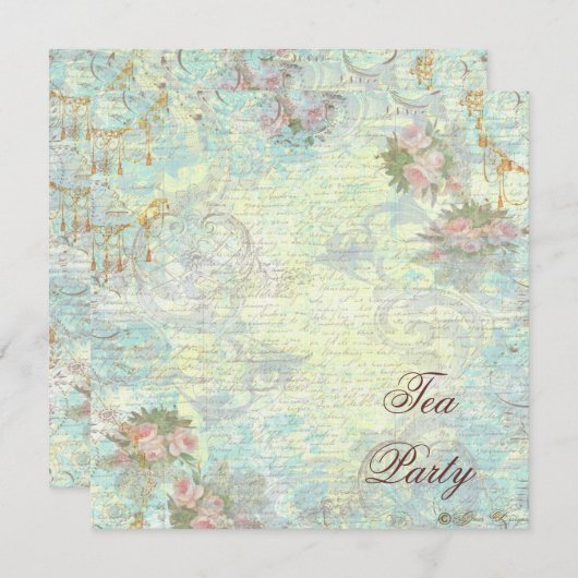 ピンクビクトリアンローズティーパーティー 招待状 (正面/裏面)