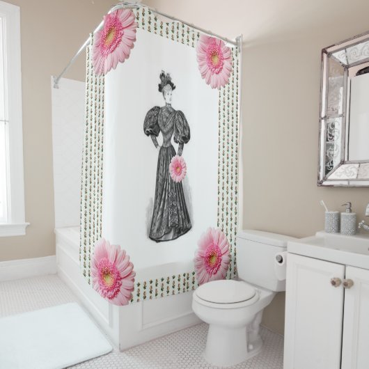 ピンクビクトリアン色の白フローラシャワー シャワーカーテン (インサイチュ)
