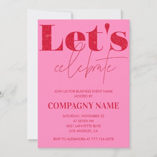 ピンクビジネスパーティー招待状レッツ祝ー 招待状 (正面)