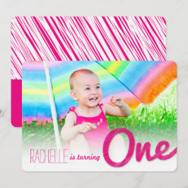 ピンクビッグスケッチ1ベビーガールの誕生日パーティー 招待状