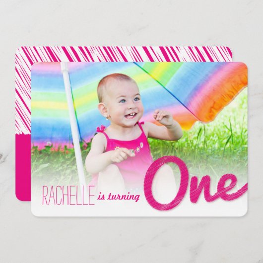 ピンクビッグスケッチ1ベビーガールの誕生日パーティー 招待状 (正面/裏面)