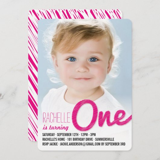 ピンクビッグスケッチ1ベビーガールファースト誕生日パーティー 招待状 (正面/裏面)