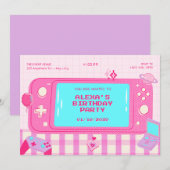 ピンクビデオゲームのレトロな誕生日 招待状 (正面/裏面)