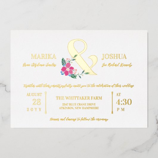 ピンクビューティフルフローラアンパサンドタイポグラフィ結婚ズ 箔招待状 (正面)