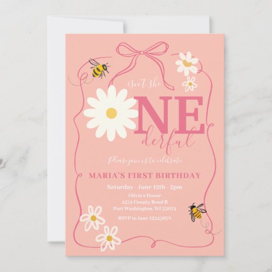 ピンクビーは彼女ではないONEderfulデイジー最初の誕生日 招待状 (正面)