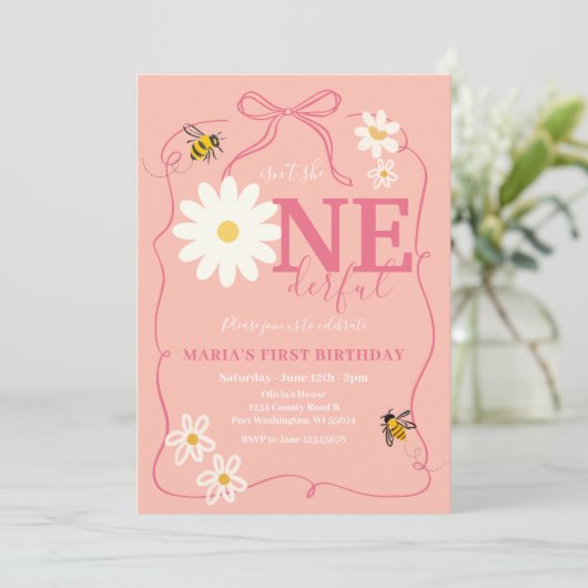 ピンクビーは彼女ではないONEderfulデイジー最初の誕生日 招待状 (スタンド正面)