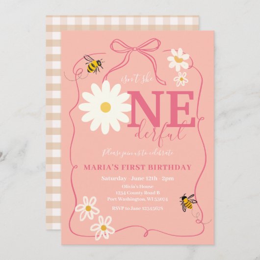 ピンクビーは彼女ではないONEderfulデイジー最初の誕生日 招待状 (正面/裏面)