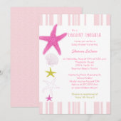 ピンクビーチスターフィッシュストライプベイビーガールベイビーシャワー 招待状 (正面/裏面)