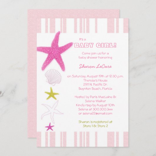 ピンクビーチヒトデストライプィーの赤ちゃん女の子ベビーシャワー 招待状 (正面/裏面)