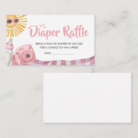 ピンクビーチ夏の赤ちゃんシャワーおむつラッフル エンクロージャーカード (正面/裏面)
