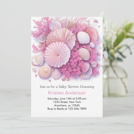 ピンクビーチ至福お祝いガールベビーシャワー 招待状 (スタンド正面)
