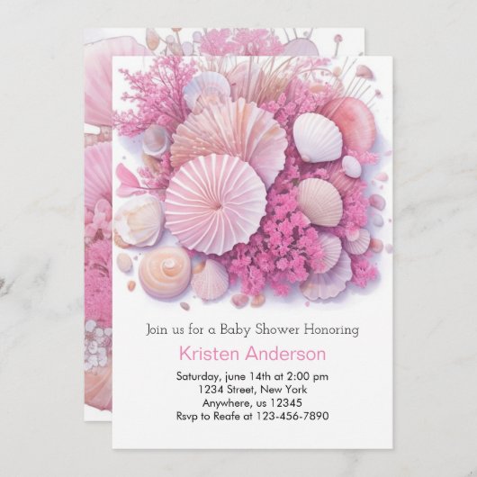 ピンクビーチ至福お祝いガールベビーシャワー 招待状 (正面/裏面)