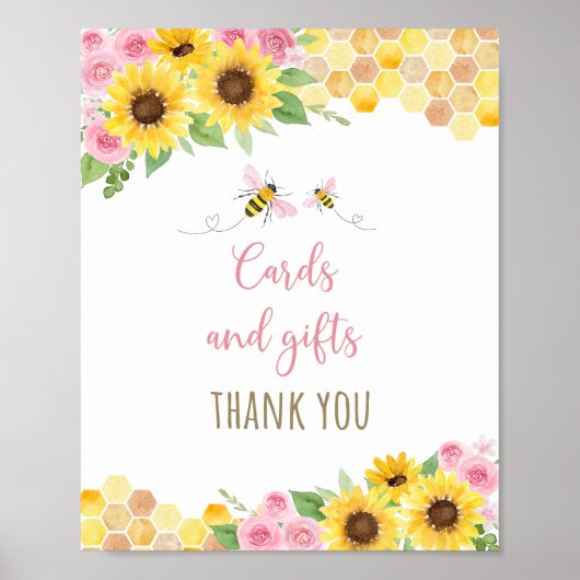 ピンクビーヒマワリ誕生日ギフトサイン ポスター (正面)