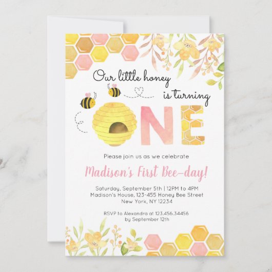 ピンクビーファーストバースデーパーティの招待状ズガール 招待状 (正面)