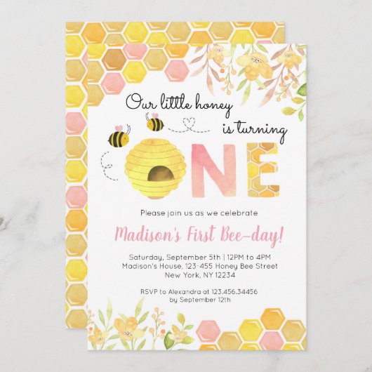 ピンクビーファーストバースデーパーティの招待状ズガール 招待状 (正面/裏面)