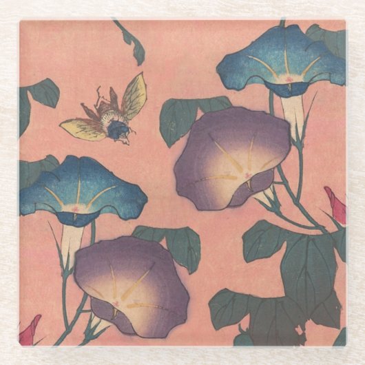 ピンクビー花クラシック北斎美術 ガラスコースター (正面)