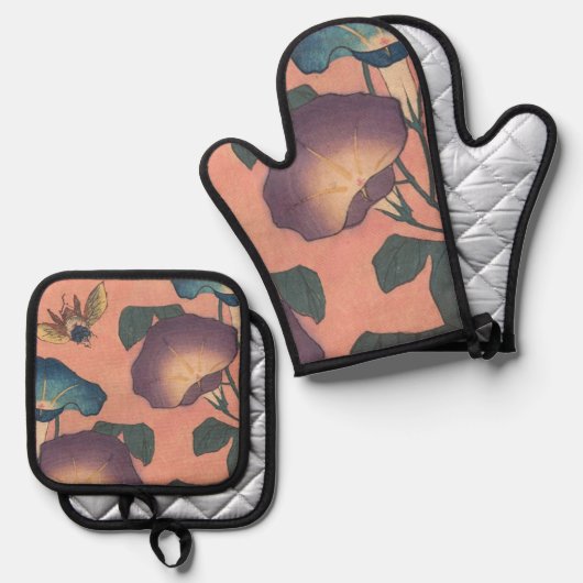 ピンクビー花クラシック北斎美術 鍋つかみ&鍋敷きセット (正面/裏面)