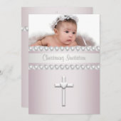 ピンクピアスクロスベビーガールフォト《キリスト教》洗礼式や命名式 招待状 (正面/裏面)