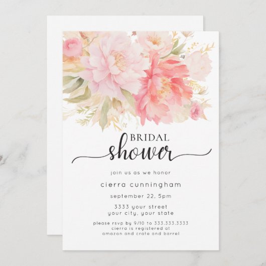 ピンクピエレガントオニーフローラブライダルシャワー 招待状 (正面/裏面)