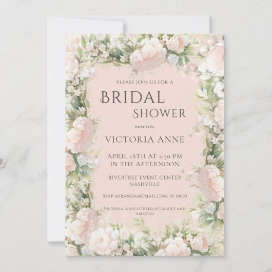 ピンクピエレガントオニーフローラブライダルシャワー 招待状 (正面)