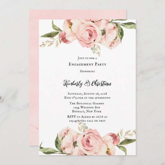 ピンクピエレガントオニーフローラ婚約パーティ 招待状 (正面/裏面)