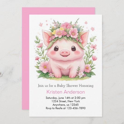ピンクピギーお洒落ファームガールベビーシャワー 招待状 (正面/裏面)