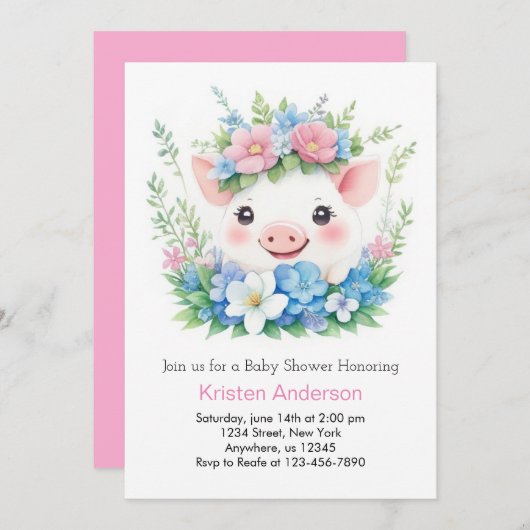 ピンクピギーとファーミヤード魔法ガールベビーシャワー 招待状 (正面/裏面)