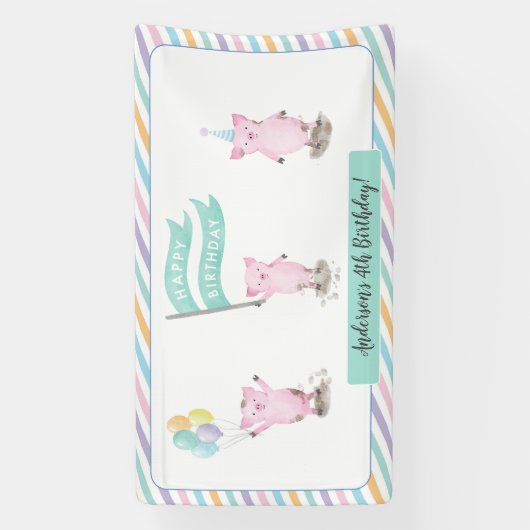 ピンクピギー子供の誕生日パーティーバナー 横断幕 (縦)