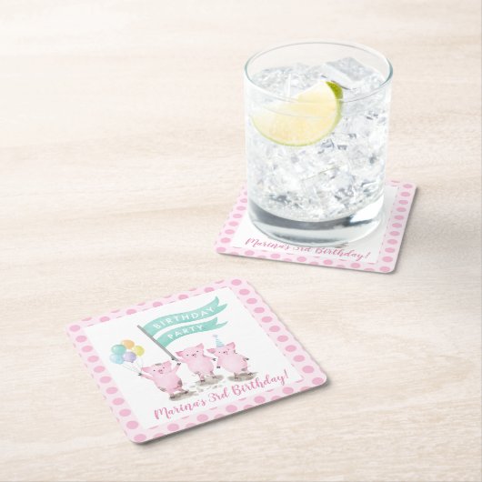 ピンクピギー子供の誕生日パーティー スクエアペーパーコースター (インサイチュ)