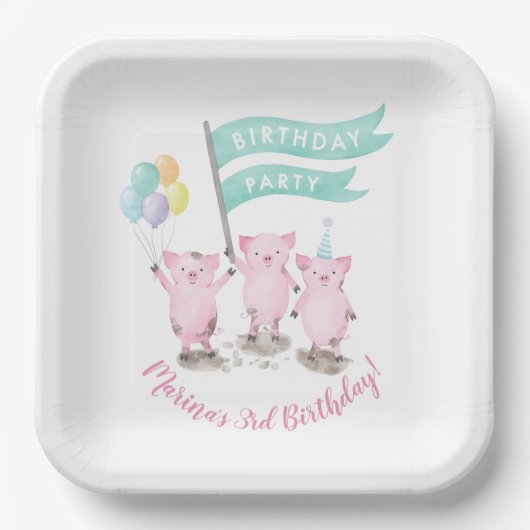 ピンクピギー子供の誕生日 ペーパープレート (正面)