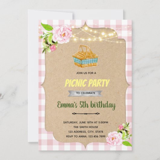 ピンクピクニックパーティの招待状 招待状 (正面)