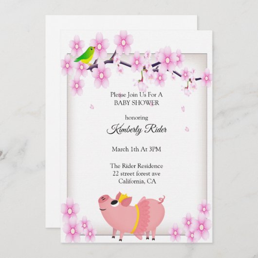 ピンクピグさくらんぼブロッサムベビーシャワー 招待状 (正面/裏面)