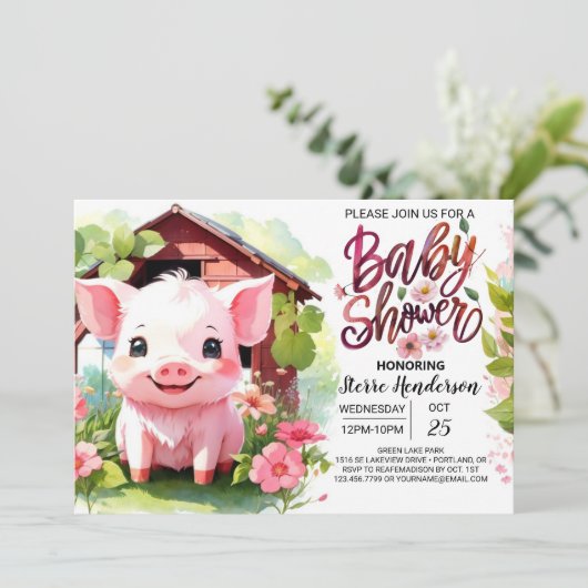 ピンクピグレットファーム動物ベビーシャワー 招待状 (スタンド正面)