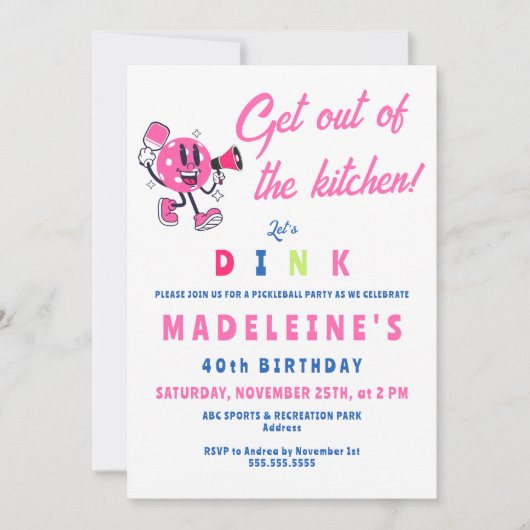 ピンクピックボールパーティー漫画スポーツ誕生日 招待状 (正面)