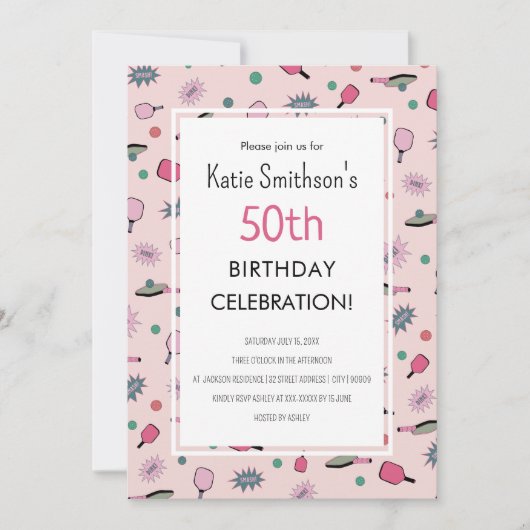 ピンクピックボールパーティー50誕生日招待状 招待状 (正面)