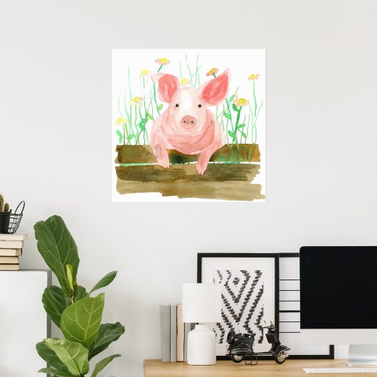 ピンクピッグオンザフェンスファーム納屋周囲の庭動物 ポスター (ホームオフィス)