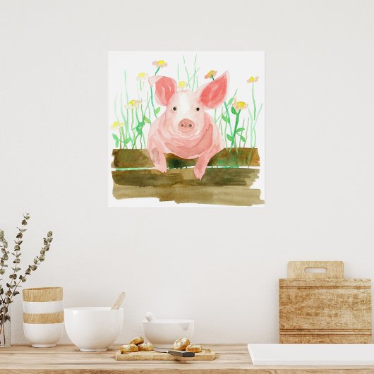 ピンクピッグオンザフェンスファーム納屋周囲の庭動物 ポスター (キッチン)