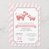 ピンクピッグファームガールベビーシャワー 招待状 (正面/裏面)