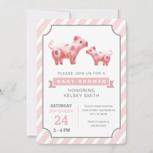 ピンクピッグファームガールベビーシャワー 招待状 (正面)
