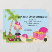 ピンクピレートガールオンアンアイランド誕生日招待状 招待状 (正面/裏面)