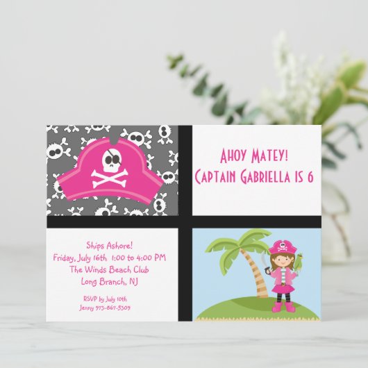 ピンクピレートガールスクエア誕生日招待状 招待状 (スタンド正面)