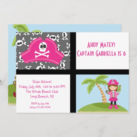 ピンクピレートガールスクエア誕生日招待状 招待状 (正面/裏面)