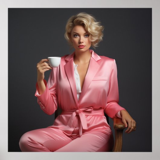 ピンクピンアップガールモデルポートレートオフィスウーマン ポスター (正面)