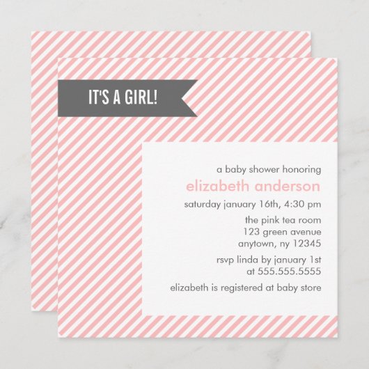 ピンクピンストリペスガールベビーシャワー 招待状 (正面/裏面)