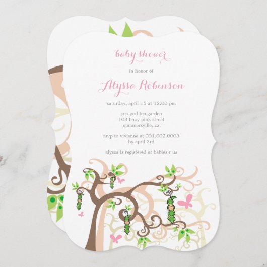 ピンクピーインザポッドガールベビーシャワー招待状 招待状 (正面/裏面)