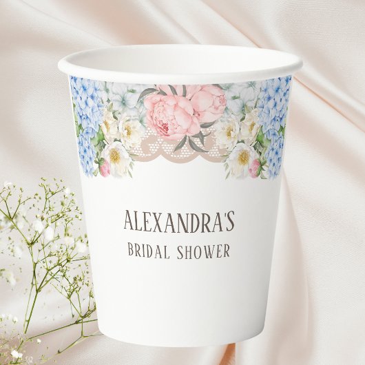 ピンクピーオンロマンティックブルーアジサイブライダルシャワー 紙コップ
